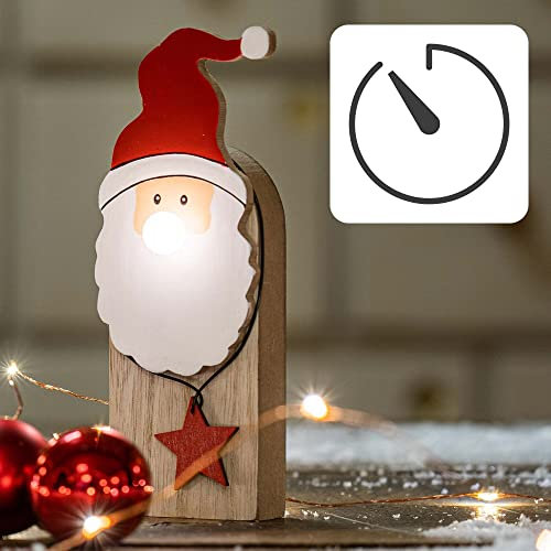 Hellum LED Holz-Weihnachtsmann mit leuchtender Nase, 1 LED, warmweiß, batteriebetrieben (2x AAA, nicht enthalten), innen IP20, Winterdecoration, Wohnzimmer, Dekoration, Weihnachtsdekoration, 524673