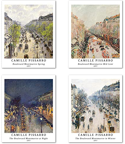 Kunstdruck Ungerahmt Landschaft Bilder Set von 4, Poster Größe: 20x25 cm Premium Kunstpapier Wanddeko Vintage Panorama Illustration Passenden Schlafzimmer Deko Camille Pissarro Posters