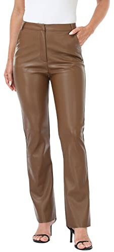 HDE Women's Faux Leather Pants High Waisted Straight Leg Trousers with Pockets Brown - S
