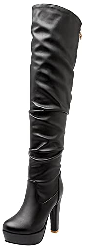 Lroey Reoly Stivali da Donna Sopra Il Ginocchio con Tacco Largo, Stivali Morbidi Tacco Alto Punta Rotonda Boots Senza Chiusura Plateau 118 Nero Numero 39 EU