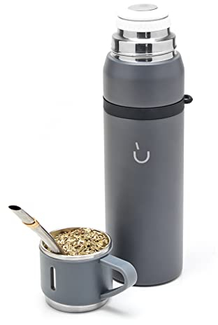 BALIBETOV Termo Mate para Camping - Acero Inoxidable Doble Pared al Vacio - Ideal para Viajes y Aire Libre - Termo pensado para usar como Kit de Mate, con Taza y Bombilla para Mate (Gris)