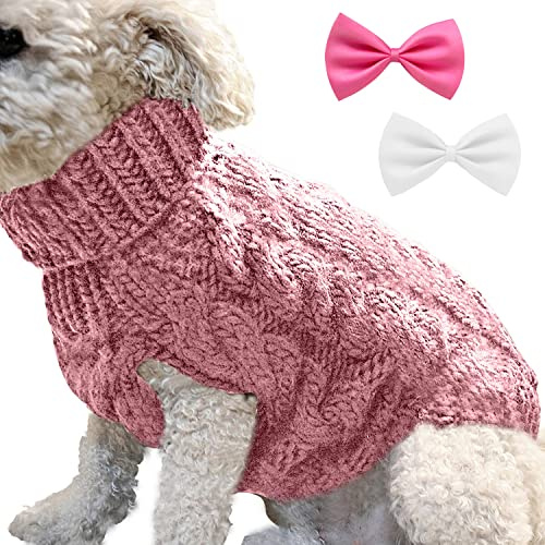 1 Piece Turtleneck Knitted Sweater Jacket and 2 Pieces Bow Tie, Warm Dog Pullover, Winter Dog Sweater, Pet Supplies (L, Pink)