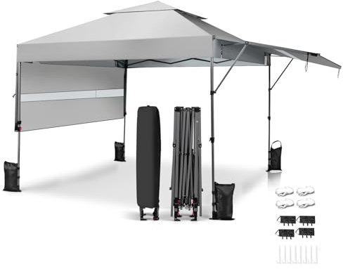 GOPLUS Carpa Plegable 3x3 Impermeable, Cenador con 2 Toldos Laterales Extensibles y Altura Ajustable, Carpa para Exteriores con Ruedas y Bolsa Portátil, UV50+, para Camping, Mercado (Blanco)