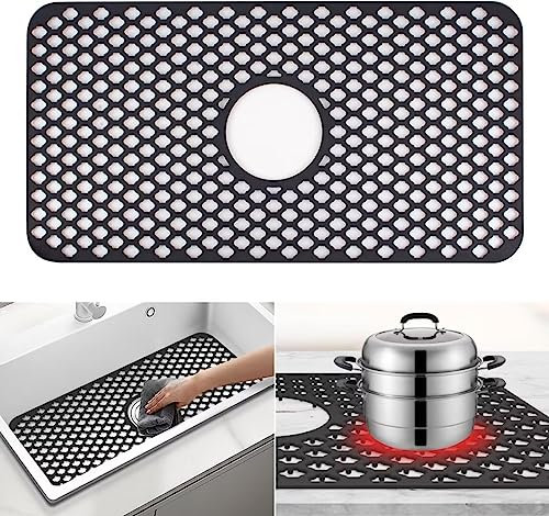 Silikon Spülbeckenmatte, Spülbeckeneinlage zuschneidbar 66 x 35cm, Spülbeckenschutz Zusammenklappbar, Hitzebeständig und rutschfest Küchen (Schwarz-Mittelloch-63x33)