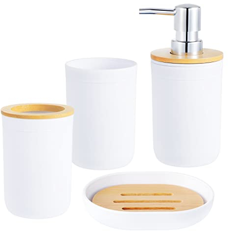 Kinsinder 4 Pcs Ensemble d'accessoires de Salle de Bain en Bambou, Ensemble d'accessoires de Salle de Bain, Bouteilles de Lotion, Porte-Brosse à Dents, Tasse à Dents, Porte-Savon (Blanc)