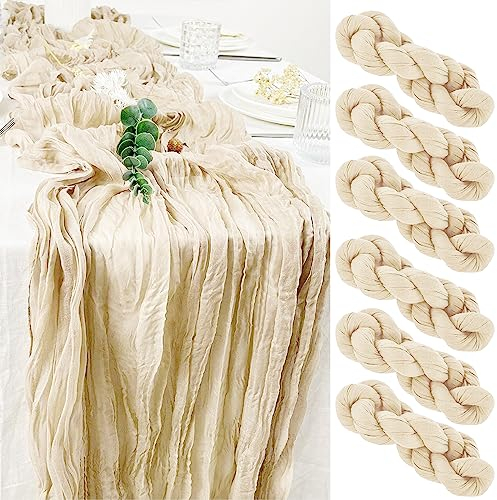 Tischläufer Beige 90 x 300 cm, 6 Stück Käsetuch Tischläufer, Boho Gaze Käsetuch Tischläufer Rustikaler Durchsichtiger Läufer, Tischdecke für Boho, Hochzeit, Dekoration, Geburtstagsparty
