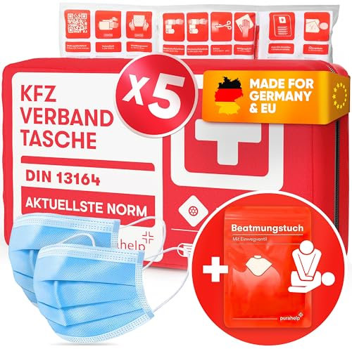 PURAHELP 5x KFZ Verbandstasche nach aktueller Norm 2025 DIN 13164 (StVO konform) - Inkl. Beatmungstuch - Erste Hilfe Set Auto Verbandskasten 2025