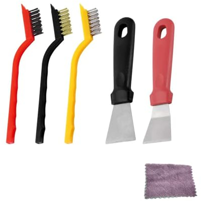 CANGCANG 2Pcs Plastic Oven Scraper Tool Non Scratch Cleaning Scraper Kitchen Grease Scraper Hob Scraper with 3Pcs Stainless Steel Brass Nylon Brush for Stove Pan