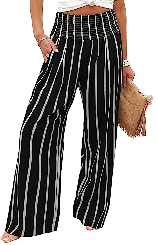 KISSMODA Elastic Trousers for Ladies High Waist Straight Wide Leg Pants Solid Printed Long Lounge Pants