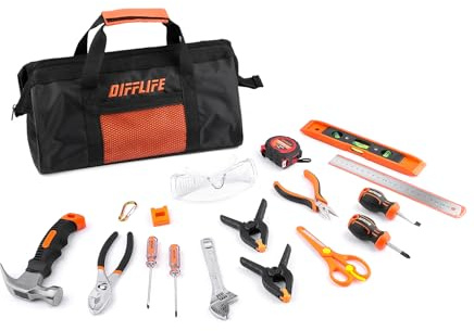 Difflife Ensemble d'outils à main pour enfants de 18 pièces avec sac de rangement pour garçons, filles, enfants, bricolage et travail du bois, à partir de 8 ans