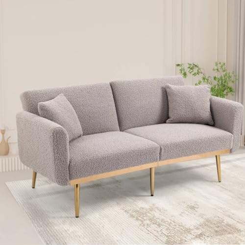 Sweiko 2er Sofa,Loungesofa Klappsofa Couch mit Schlaffunktion,Samtsofa Loveseat Sofa mit Metallfüßen,Modern Gästesofa Stoffsofa mit Armlehne für Wohnzimmer und Schlafzimmer (Grauer Teddy+Polyester)