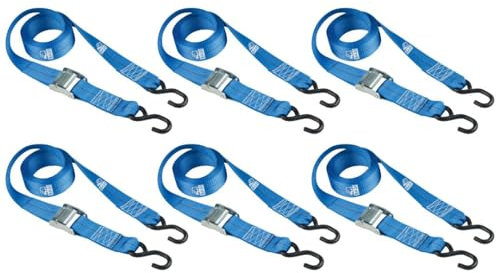 BASI | 6er Set Spanngurte mit Klemmschloss und S-Haken | bis 125 KG | Zurrgurte in blau | Länge 200 cm x Breite 2,5 cm | Befestigungsriemen | TÜV geprüft | Expander mit Schnappverschluss | 6 Stück