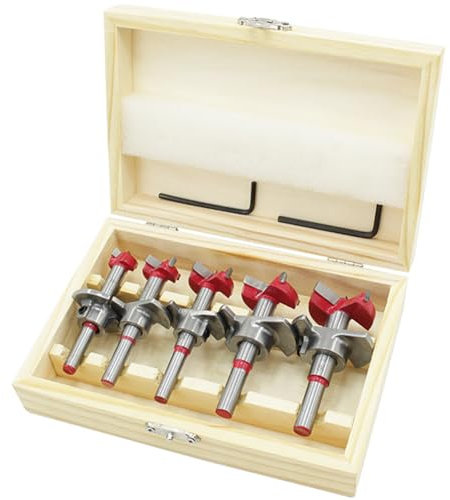 Meichoon Forstner Drill Bit 5 Pieces 15mm 20mm 25mm 30mm 35mm Carbon Steel Adjustable Positioning Woodworking Hinge Hole Drilling Boring Bit for Soft and Hard Wood