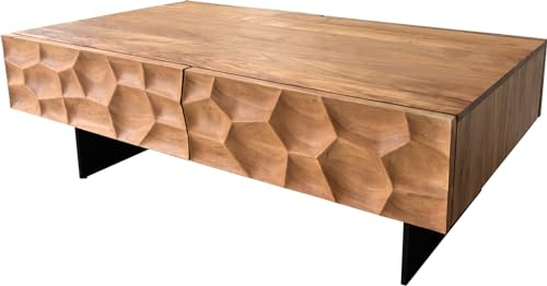 DELIFE Beistelltisch Solu Akazie Natur 120x70 cm 4 Schübe Fuß schwebend | Metall Schwarz 3D-Front