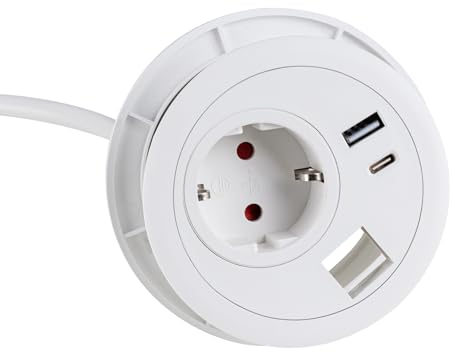 Ergolutions® Einlass Steckdose mit 2-Fach USB Lader - Unter-Tisch Montage, USB A und C Ports, Schnellladefunktion, Schuko-Steckplatz, Kabeldurchlass, Kindersicherung, ABS, Schwarz