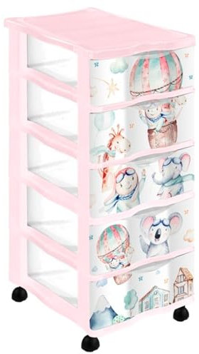 Acan Tradineur - Cajonera de plástico con ruedas, modelo Volar, 5 cajones transparentes, torre almacenaje, juguetes, dormitorio infantil, niños, fabricada en España (Rosa - 36 x 28 x 65,5 cm)
