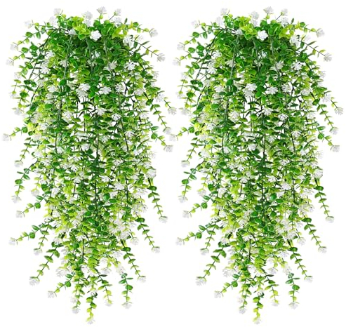 ASTNIC 4 Bündel Kunstblumen Outdoor Wetterfest Künstliche Blumen, Kunstpflanzen UV-beständig Balkonpflanze Plastikblumen für Außen Balkonkasten Garten Innen Außenbereich(Weiß)