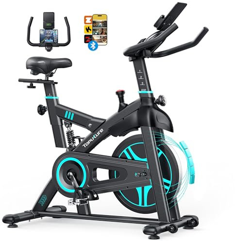 TOPUTURE Vélos D'appartement, Velo D appartement Connecté APP, Vélo d'intérieur avec silencieux, Vélo d'Exercice Résistance Magnétique 100 Niveau, Absorption des chocs, LCD Ergomètre, Capacité 160KG