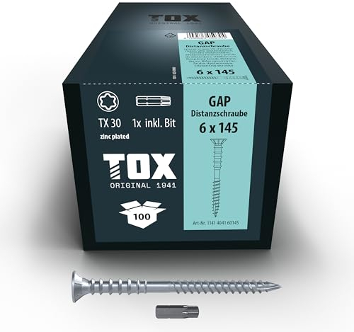 TOX Tornillos distanciadores GAP 6,0 x 145 mm, tornillo distanciador de acero galvanizado, alineación milimétrica de subestructuras de madera, 100 piezas en una caja, incl. 1x broca, 1141404160145