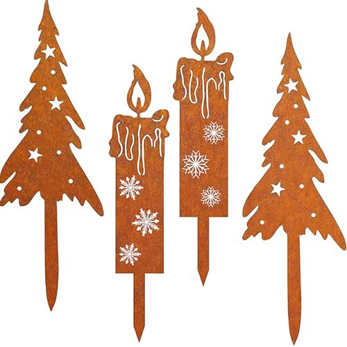 4er Set Rost Weihnachtsbaum Kerzen weihnachten Deko Outdoor Gartenstecker Roststecker Weihnachtsdeko Draußen Gartendeko aus Rust Blumenstecker Weihnachten für Advent Weihnachts Garten Balkon Grabschmu