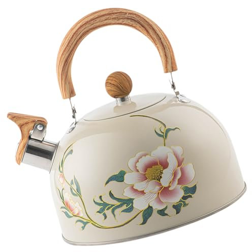 Luxshiny Tetera Con Silbido Esmalte Floral En Tetera De Acero Tetera De Agua De 3 Litros Con Asa Para Estufa Tetera De Esmalte Vintage (Estilo Flor)
