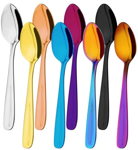 Amfun Teaspoons Set of 8,13.5 cm Coffee Spoons Stainless Steel Dessert Spoons,Rainbow Teaspoon, Dinner Spoons,Tea Spoons,Small Mini Spoons Set for Parties (Colorful)