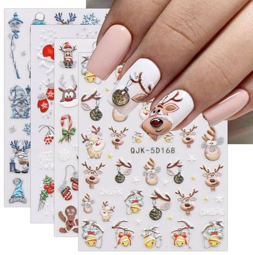 3D Christmas Nail Stickers, 4 Sheets 5D Self-Adhesive Embossed Deer Nail Decal Nail Art Decoration Design Supplies