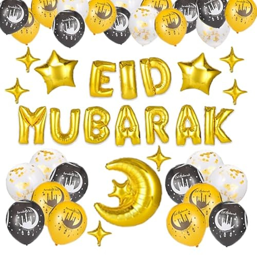BOX And Tree | Eid Mubarak Partydekorationen, goldene Folienballons, Halbmond und Sterne, 34 Stück