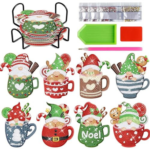 FYting 8 Stück Diamond Painting Untersetzer,Diamond Painting Erwachsene mit Untersetzer Halter,DIY Becherförmige Weihnachts Dessert Untersetzer, Lebkuchenmann, Weihnachten (Weihnachtsmann)