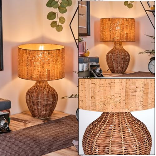 HOFSTEIN Tischleuchte Halarna, Tischlampe aus Rattan/Korbgeflecht/Kork in Natur/Braun, Leuchte im Retro/Vintage-Design, mit Schalter am Kabel, E27, Wohnzimmer, Schlafzimmer, Esszimmer, Flur, Büro