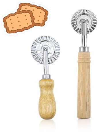 YFaith 2 Stück Teigrädchen Gezähnter Teigrad, 16 und 14 cm Holzgriff Ravioli Roller, 5 und 3,9 cm Teigschneider, Gewellter Nudelschneider, für Küche, Konditorei, Pizza