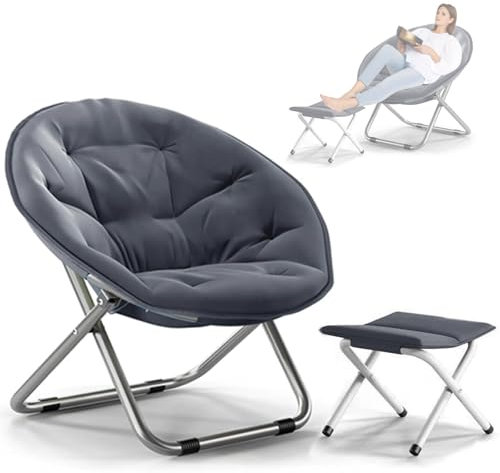 WUDLEP Round Foldable Oversized Moon Saucer Chair, Large Round Saucer Chairs with Folding Footrest Stool, Soft Cozy Moon Chair for Bedroom, Gray