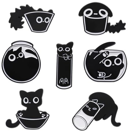 Aiyraa 7 Stück Pins Anstecker Schwarze Katze, Anstecker Pin Niedliche, Pins Anstecker Verspielte Für Taschen, Jacken, Hüte, Tier Brosche, Schwarze Katzen-Emaille-Anstecknadeln