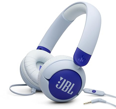 JBL Junior 320 - Wired on-Ear Kids Headphones Safe Sound (85dB), Built-in mic, Fit for Kids and Customizable with Included Stickers (Blue)