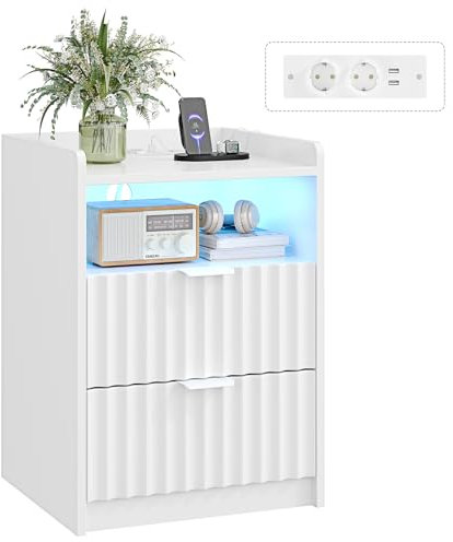 mojiasion Nachttisch weiß mit USB-Ladestation & LED-Beleuchtung – 2 Schubladen + 1 Fach – Moderner Nachtschrank, Beistelltisch, Sofatisch, Couchtisch, Bedside Table Weiss für Schlafzimmer, Wohnzimmer