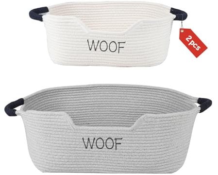 Geyecete Set of 2 Dog Toy Storage Basket, Cotton Rope Weave Basket for Dogs, Cats, Dog Toy Bin with Handles, Puppy Toy Accessories, Storage Container, Puppy Bed Beige/Grey