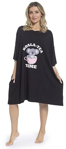 GM Apparel Camicia da notte larga da donna Loungewear Sleepwear Abito da notte Oversize T Shirt Ladies Nighties Manica Corta 100% Cotone Camicie da notte con tasche, Tè Koala Nero, Taglia unica