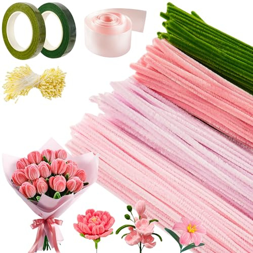 Kit creativo de flores de hilo de chenilla – 400 tallos de chenilla de ocio creativo (4 colores), curar pipa de alambre metálico para arreglos florales, cinta decorativa – ideal para arte floral (rosa