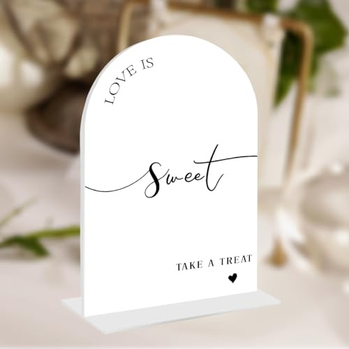 Love Is Sweet Take a Treat Wedding Sign, Acrylic Table Decor with Stand | 5×7 Inch Modern Calligraphy Reception Signage for Ceremony Dessert Candy Table Decoration