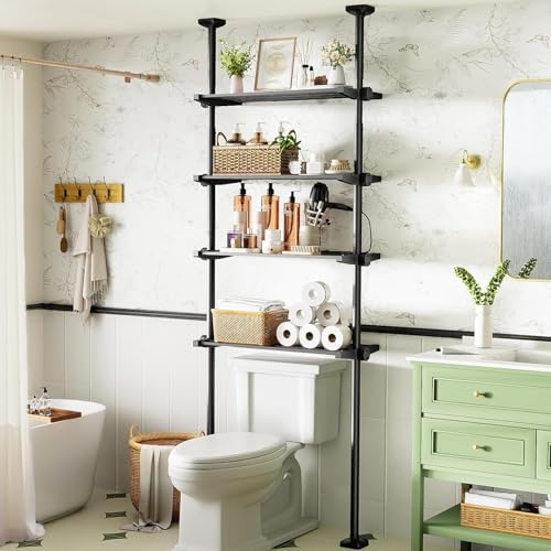 WELDUN Over Toilet Storage Unit, 4-tier Bathroom Shelf Rack for Narrow Small Space, No Drilling, Adjustable Height 122-315CM & Width 49-79CM, Black