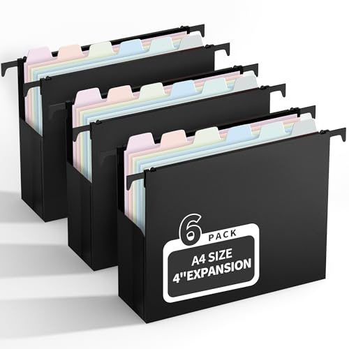 Uquelic A4 Hängeregister Mappen, 6 Stück (10 cm Erweiterung), große Kapazität Hängemappen mit Macaron-Farbe PP-Trennblättern und Reitern, Hängeordner für Schule, Zuhause, Büro, Organisation, Schwarz