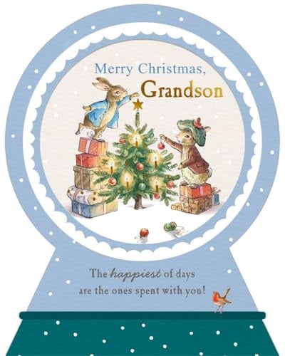 Christmas Snow Globe Design Card for Grandson, Festive Bunny Scene with Tree