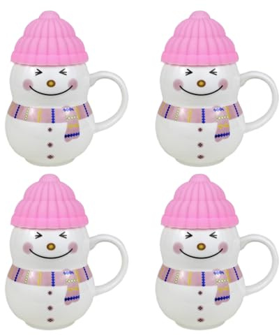 4pcs Christmas Cup Snowman Ceramic Coffee Mug with Lid Hot Cold Drink Festive Ornament Tableware Teacup (4X Pink)