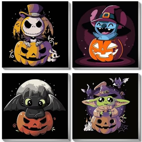 Coinsyyds Peinture par numéros avec cadre - 4 pièces - Halloween - Kit de peinture sur toile pour débutants - Sans dents - Baby Yoda - Peinture à l'huile - Horreur Jack Skellington - Pour la