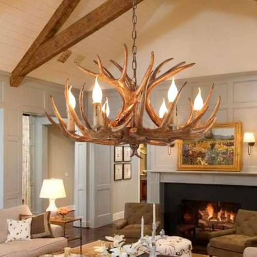 JOJOM Kronleuchter vintage E14*6 Deckenlampe rustikal Kerze Kreativ Kronleuchter Hirschgeweih deko Geeignet für Wohnzimmer Schlafzimmer Küche Bar Esszimmer Landhaus