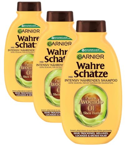 Garnier Wahre Schätze Intensiv Nährendes Shampoo Pures Avocado-Öl & Sheabutter, für trockenes Haar, ohne Silikone, für alle Lockentypen, mehr Geschmeidigkeit, 1x 250ml (Packung mit 3)