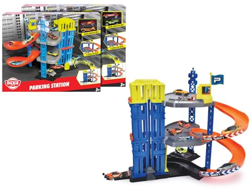 Dickie Toys – Parking Station Spielgarage (43,5 x 31,5 x 36,5 cm), Parkhaus für Kinder ab 3 Jahren, 3 Etagen, manueller Aufzug, Tank- und Ladestation, Hebebühne, 2 Autos aus Metall, 2-Fach Sortiert