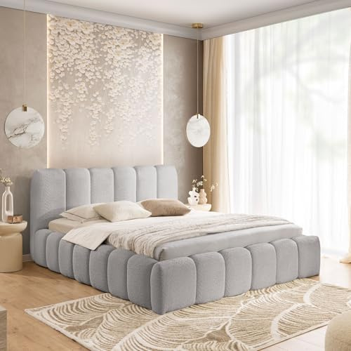 Home Collective Polsterbett Doppelbett Bubble Bett mit Stauraum viele Größen | Bettgestell mit Lattenrost weicher Bouclé Bezug mit Steppung niedriges Kopfteil | Schlafzimmer Möbel | Grau 180x200 cm