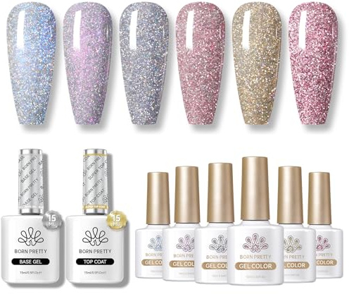 BORN PRETTY Gel Base and Top Coat Set + Reflective Glitter Gel Nail Polish Set 6 Iridescent Colours