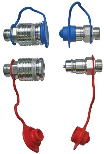 Set Hydraulik- Steckkupplungen 2x Muffe 2x Stecker 15L + 4x Staubschutz rot/blau